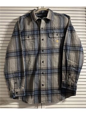 Carhartt Men’s Gray and Blue Plaid Button-Down Loose Fit Work Shirt